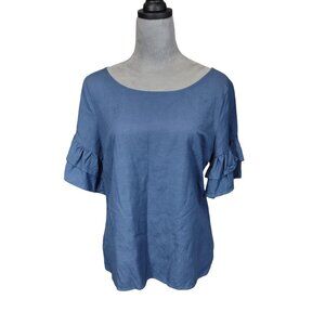Appraisal Linen Blend Top Blue Bell Sleeve Exposed Zipper Peasant Womens Large